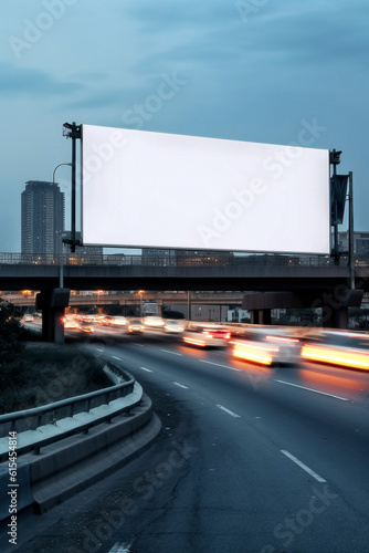 Advertising billboard white screen beside the expressway with car motion blur, generative ai