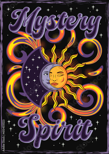 Poster with eclipse with sun, crescent moon. Mythological fantasy characters with face. Magic, mystical, astrology concept. Retro style.
