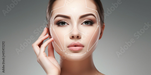 Frau Gesicht mit Kennzeichung in der Haut Stirn und Wange für die Schönheits Operation Chirugie, ai generativ photo