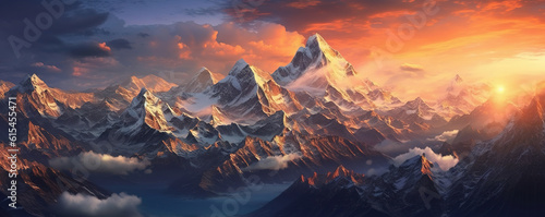 Mountain landscape with snow and clouds at sunset. generative AI image.