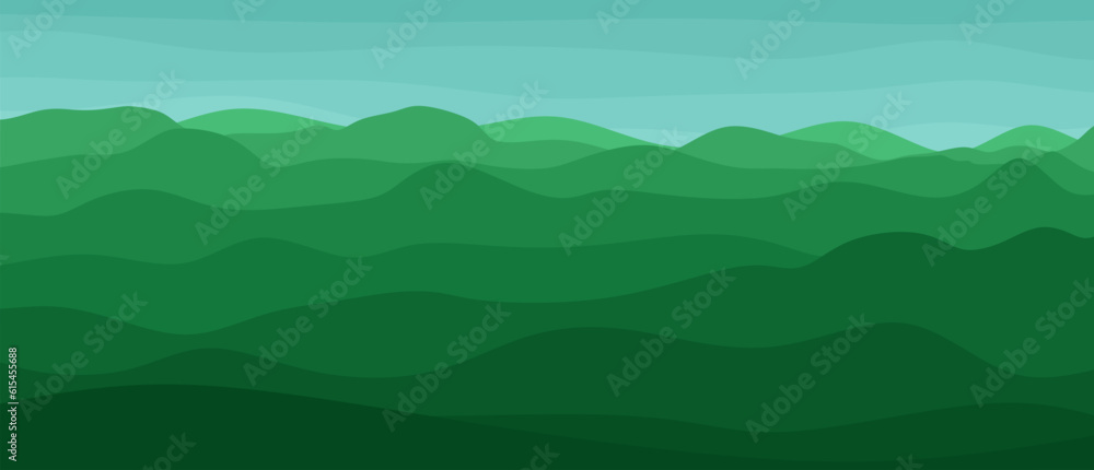 Vector natural landscape with green hills and blue sky. Beautiful summer background in flat style for banners and posters. Vector illustration