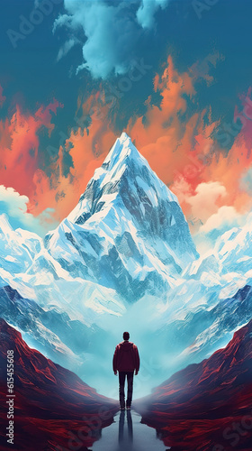 climber standing on top of a snow mountain and looking into the distance. watercolor painting. generative AI image.