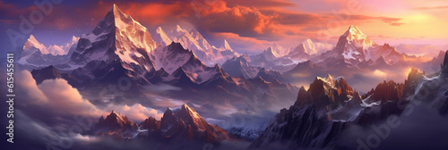 Mountain landscape with snow and clouds at sunset. generative AI image.