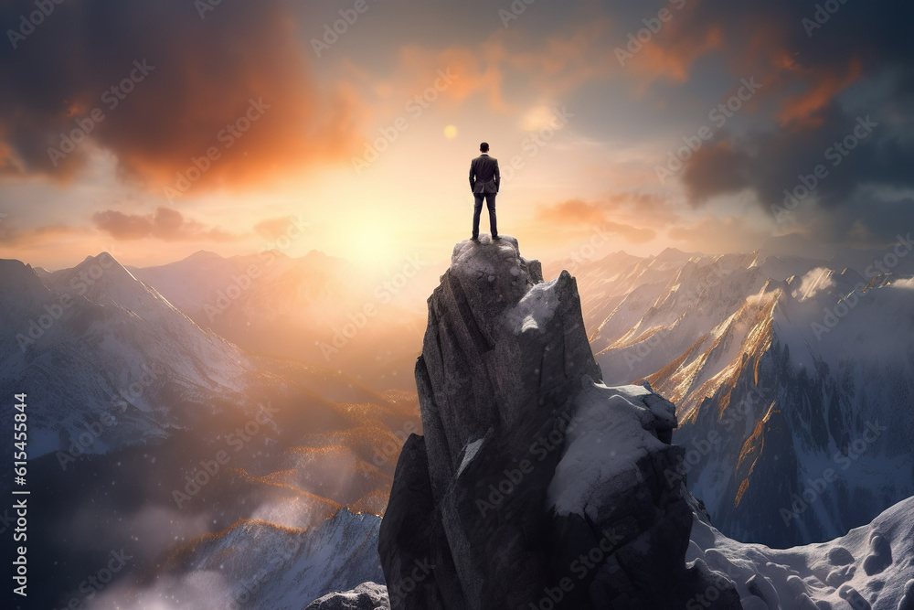Businessman standing on top of a mountain and looking into the distance. generative AI image.