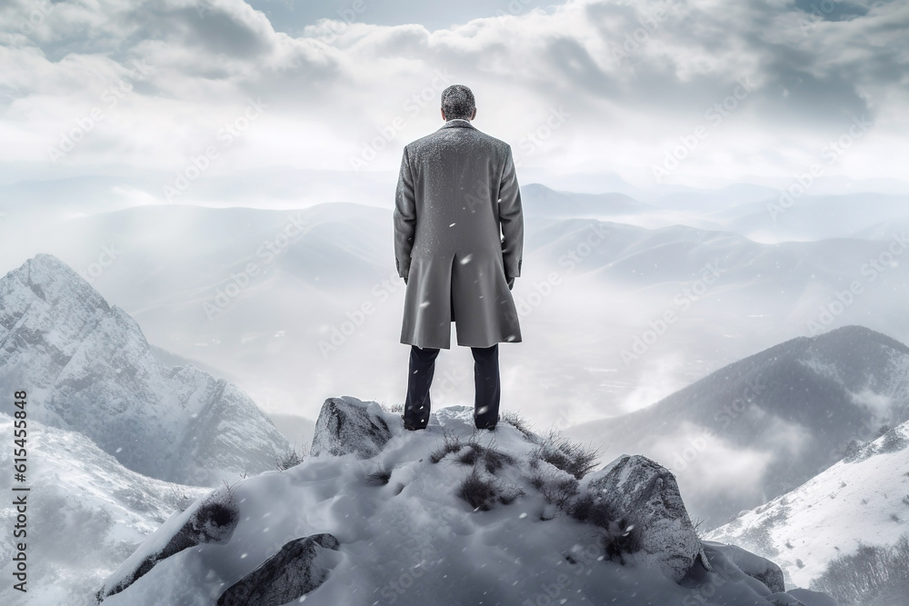 Rear view of businessman standing on rock and looking at snowy mountains generative AI image. Rear view of businessman standing on rock and looking at snowy mountains generative AI image.