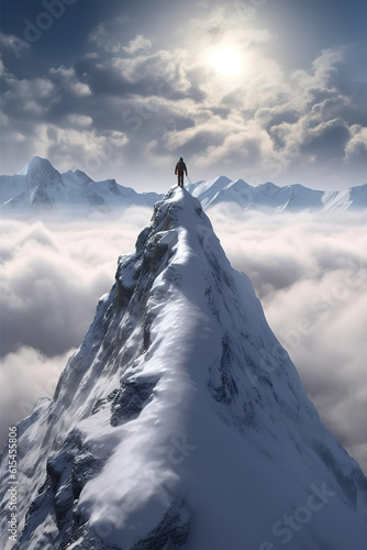 climber standing on top of a snow mountain and looking into the distance. generative AI image. © hakule