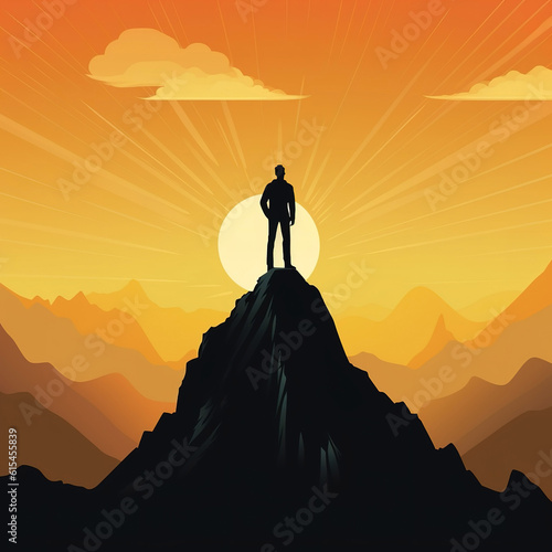 Silhouette of a businessman standing on top of a mountain. illustration art. generative AI image.