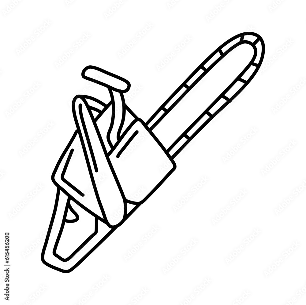 Doodle illustration of a chainsaw. Gardening power tools. The cutting of trees. Building tool.