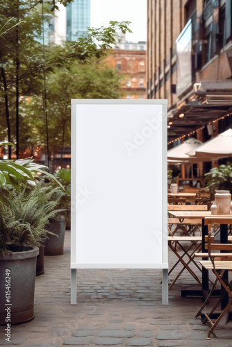 ilustration  White blank billboard mockup at the outdoor cafe or restaurant  Generative AI