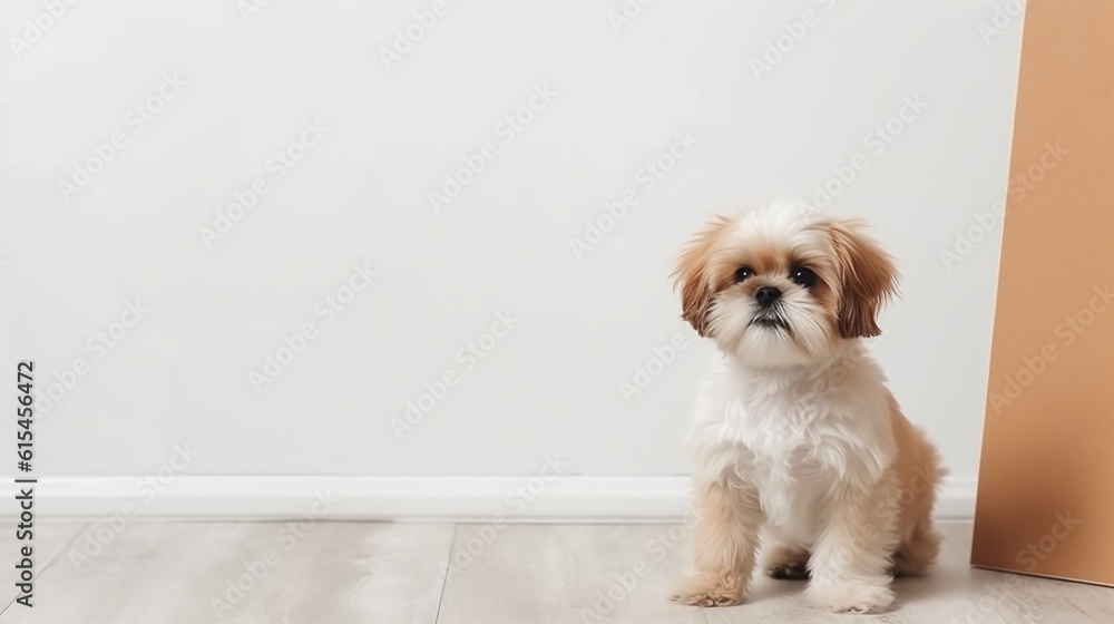 cachorro fofo em torno de um cartaz em branco cachorro fofo em torno de um cartaz em branco