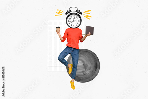 Collage picture artwork illustration metaphor absurd head deadline alert oclock gadget netbook drink coffee isolated on white background