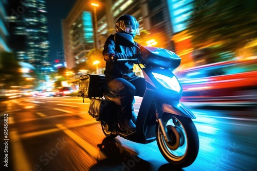 Close - up image  a delivery man is riding his scooter motorcycle through the city streets at night. Generative AI