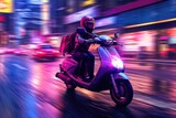 Close - up image, a delivery man is riding his scooter motorcycle through the city streets at night. Generative AI