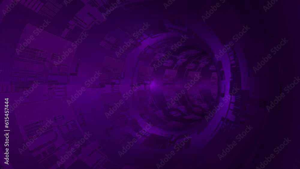 Animated purple sci-fi circular tunnel with electronic circuit board texture on surface background Animated purple sci-fi circular tunnel with electronic circuit board texture on surface background