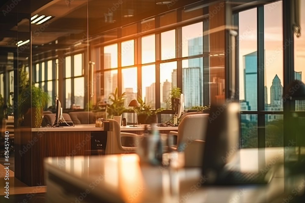 Elegant coworking in the city, workspace and desks, design, architecture, golden hour. Elegant coworking in the city, workspace and desks, design, architecture, golden hour.