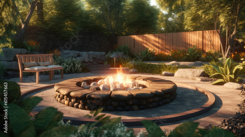 Fire pit in the backyard of a house. Generative AI