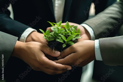 Hands holding a plant with green background, generative IA © Gabin