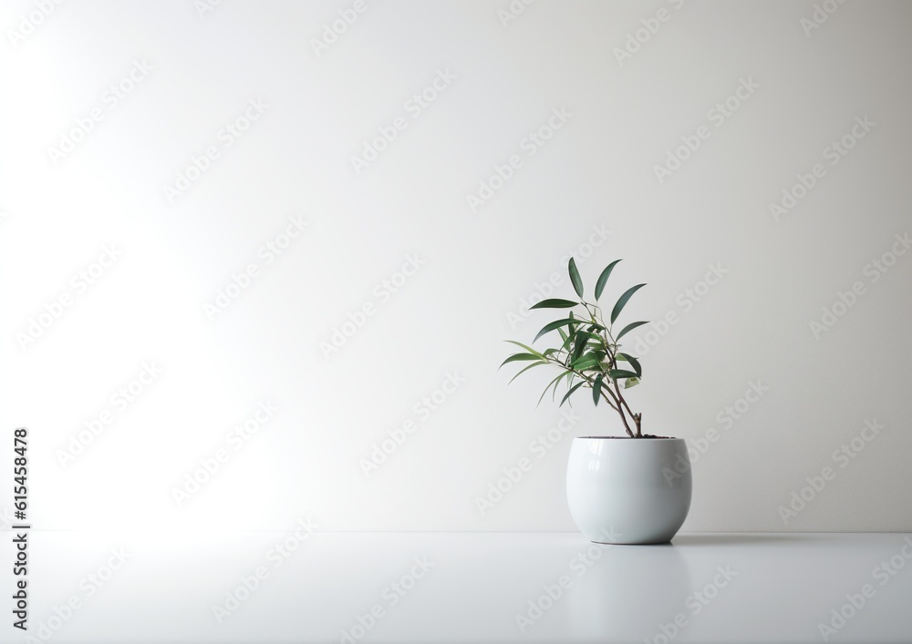 Minimalistic Plant in a Bowl: Serene Nature in White Room. Generative AI