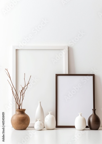 Minimalist Elegance: White Background with Minimalistic Mockup Frames. Generative AI.