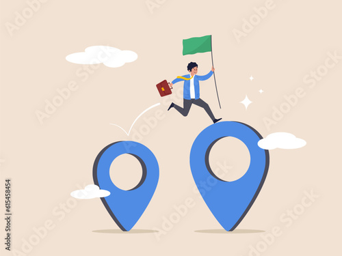 New location concept. Business relocation, move office to new address or transfer, businessman company owner jumping from map navigation pin to new one metaphor of relocation.
