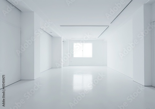 leek Elegance: White Empty Room with Glossy Walls and Concrete Floor. Generative AI.