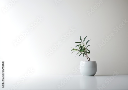 Minimalistic Plant in a Bowl: Serene Nature in White Room. Generative AI