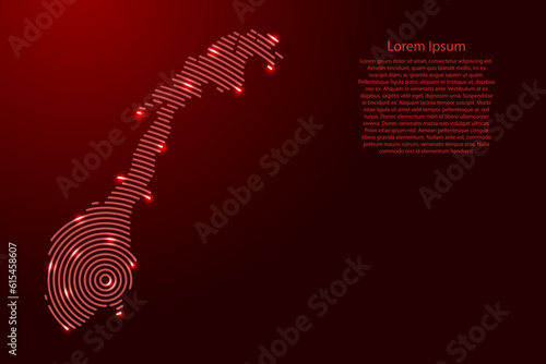 Norway, map from futuristic concentric red circles and glowing stars for banner, poster, greeting card