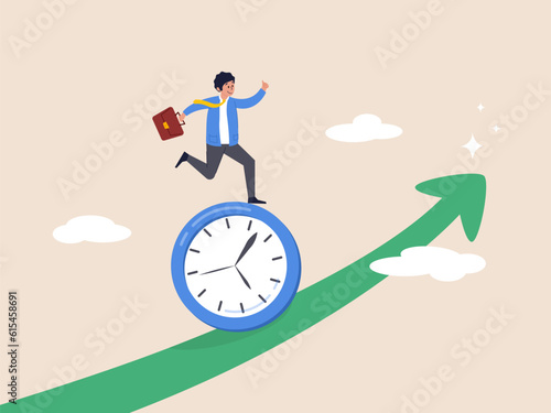 Time management concept. Effort or efficiency boost, productivity to finish project, planning, multitasking or finish work within deadline, businessman riding clock up rising arrow.