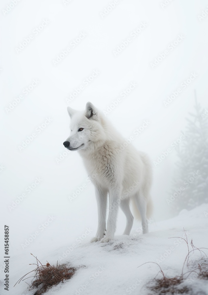 Fototapeta premium White Alpha Wolf in Winter: Graceful Majesty in the Snow. Generative AI