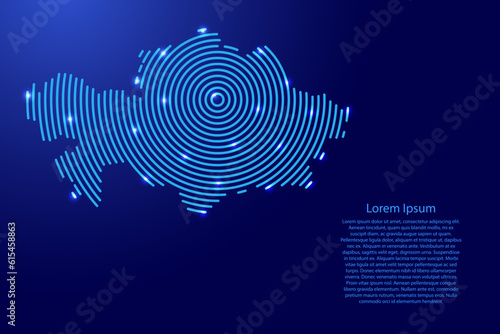 Kazakhstan, map from futuristic concentric blue circles and glowing stars for banner, poster, greeting card