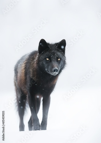 Solitary Black Wolf  A Captivating Minimalistic Encounter in the Snow. Generative AI