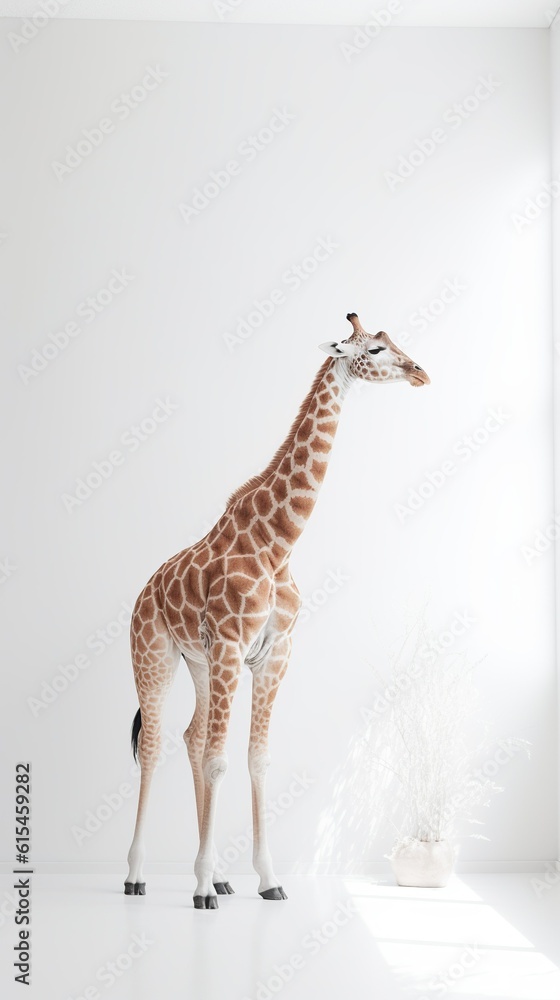 Elegance: Minimalistic Giraffe in White Studio. Generative AI