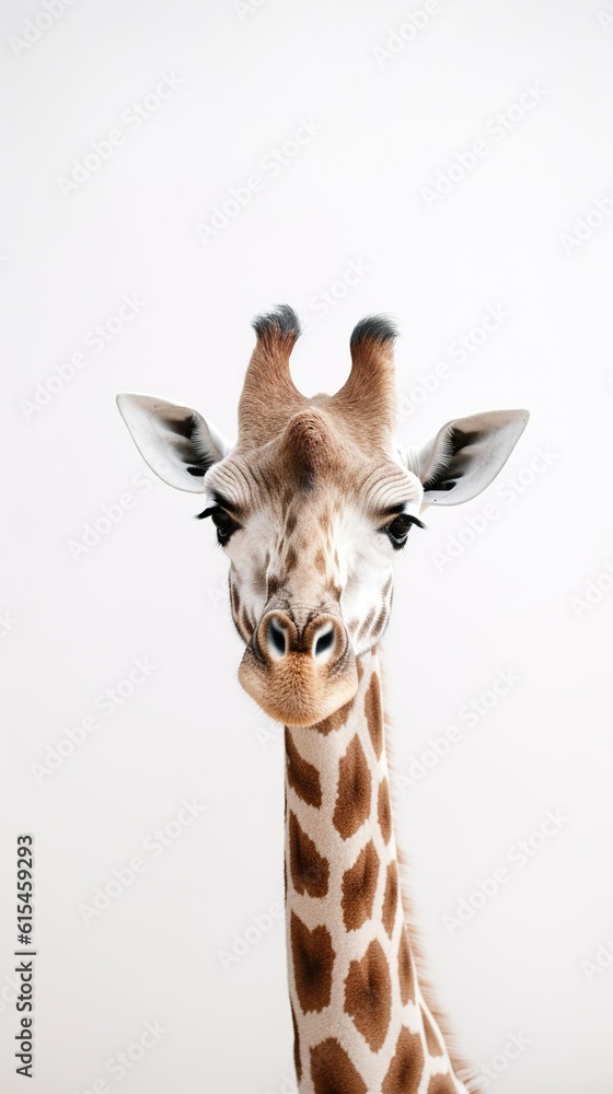 Obraz premium Elegance: Minimalistic Giraffe in White Studio. Generative AI