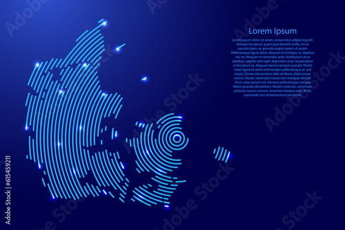 Denmark, map from futuristic concentric blue circles and glowing stars for banner, poster, greeting card