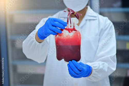 close up blood bag in laboratory medical concept. blood, donate blood, blood bank. photo