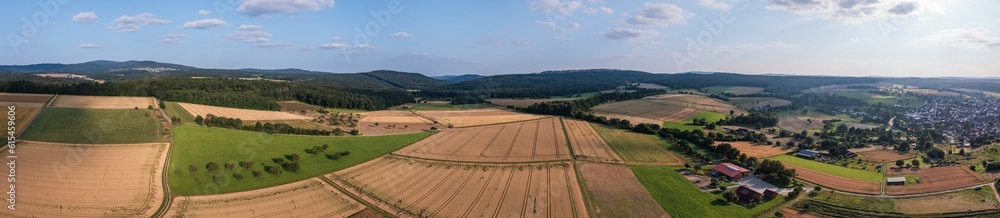 Bird's-eye view of a summery landscape in the Taunus/Germany with grain fields