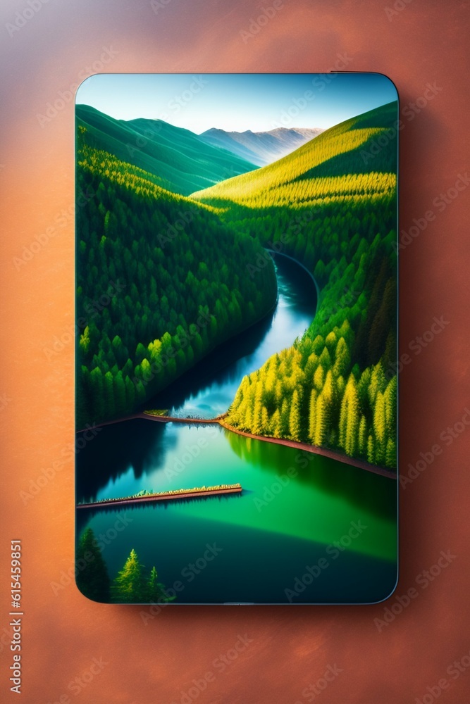 Naklejka premium landscape with river and mountains