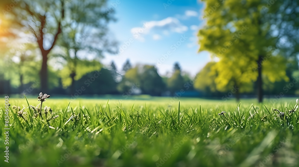 Beautiful blurred background image of spring nature with a neatly trimmed lawn surrounded by trees against a blue sky with clouds on a bright sunny day, --aspect 16:9