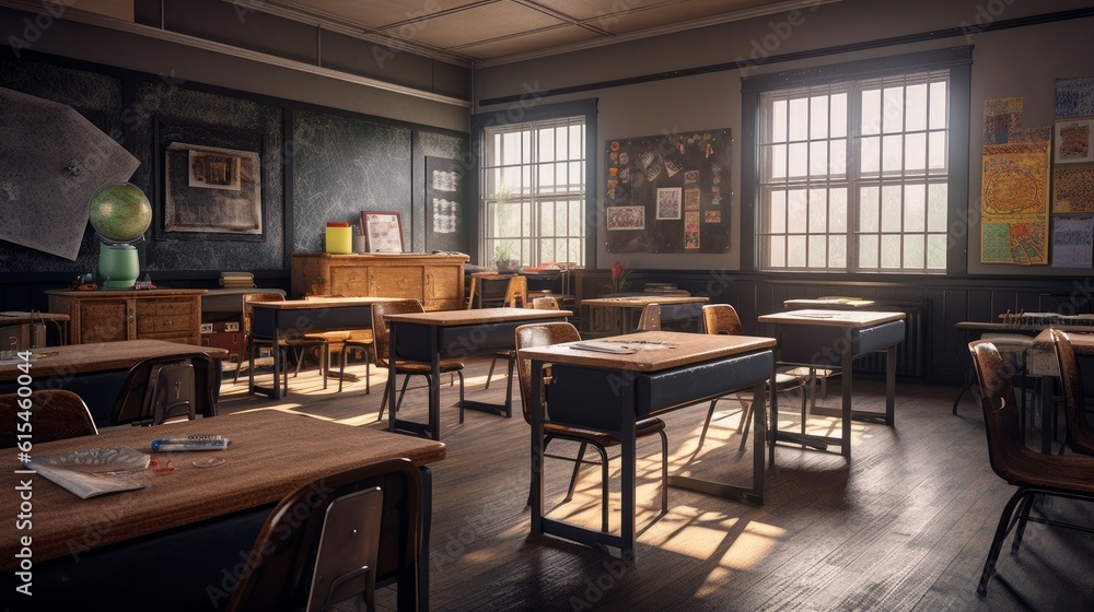 A classroom with a blackboard and desks. Generative AI