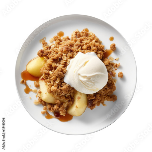 Delicious Plate of Apple Crisp and Vanilla Ice Cream Isolated on a Transparent Background.