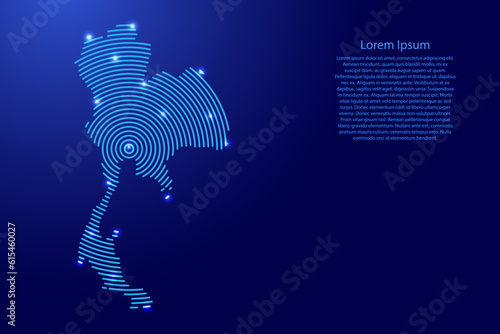 Thailand, map from futuristic concentric blue circles and glowing stars for banner, poster, greeting card