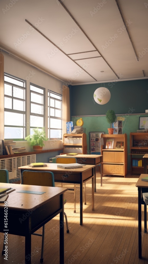 A classroom with a blackboard and desks. Generative AI A classroom with a blackboard and desks. Generative AI