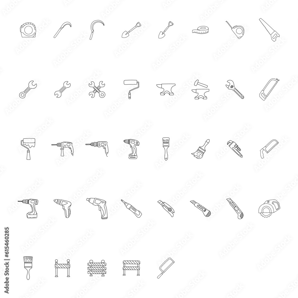 Construction tool collection - vector silhouette. Doodles. Isolated.