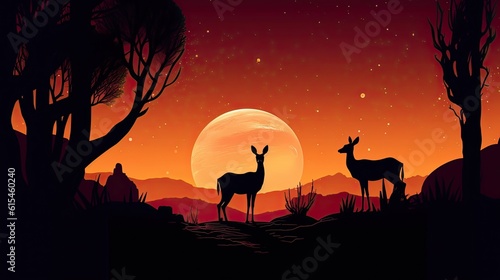 Silhouette of deer in the forest at night with big moon. Vector style illustration