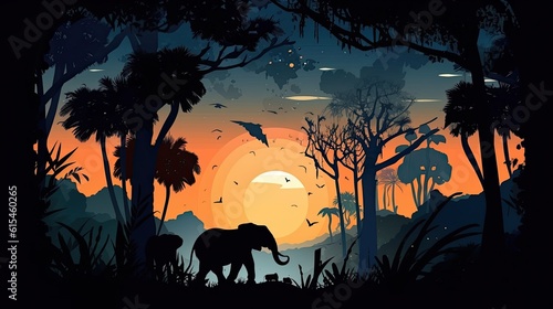 Black silhouettes of elephants in the jungle at sunset, vector style wild animal illustration