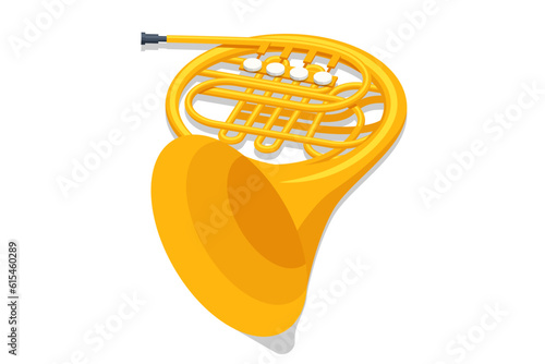 Isometric golden french horn isolated on white background. Music instrument.