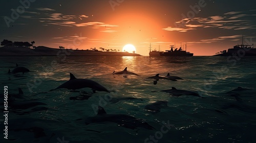 Dolphins swimming in the sea at sunset illustration