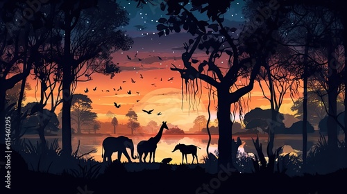 Silhouettes of wild animals in the jungle at sunset  vector style landscape illustration