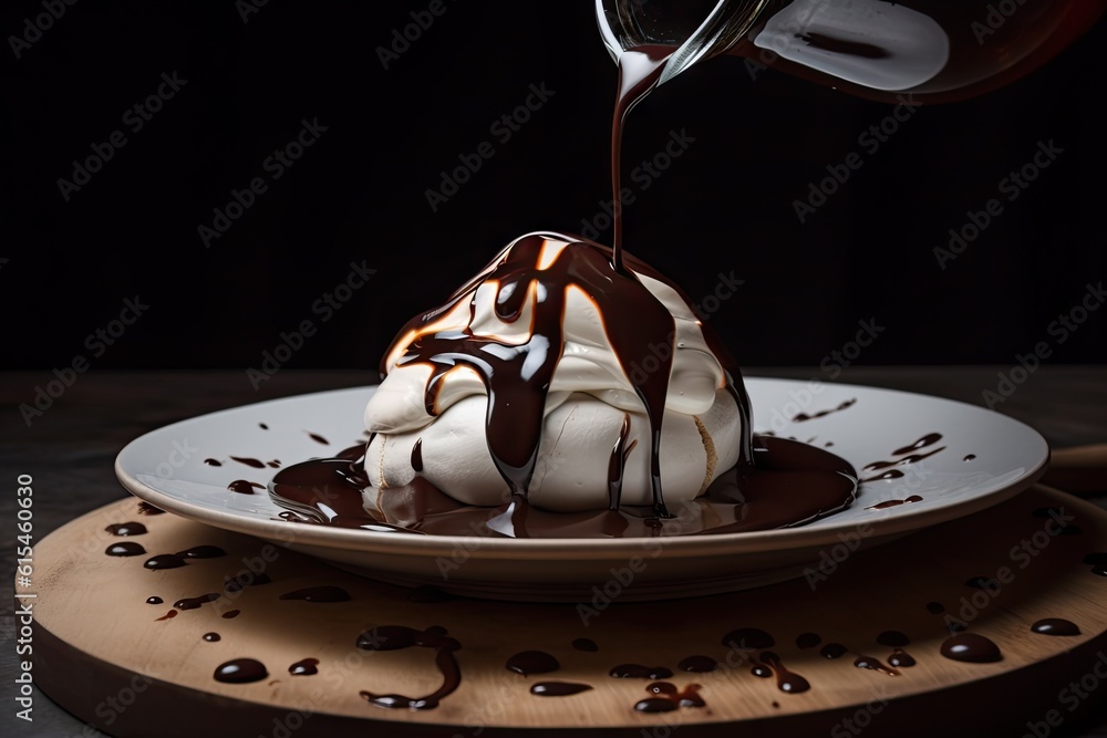 Valokuva meringue hovering over a pool of chocolate sauce, created with generative ai