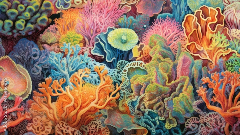 Marvel at the intricate patterns of symmetrical coral reefs, adorned with a kaleidoscope of vibrant hues. Generative AI